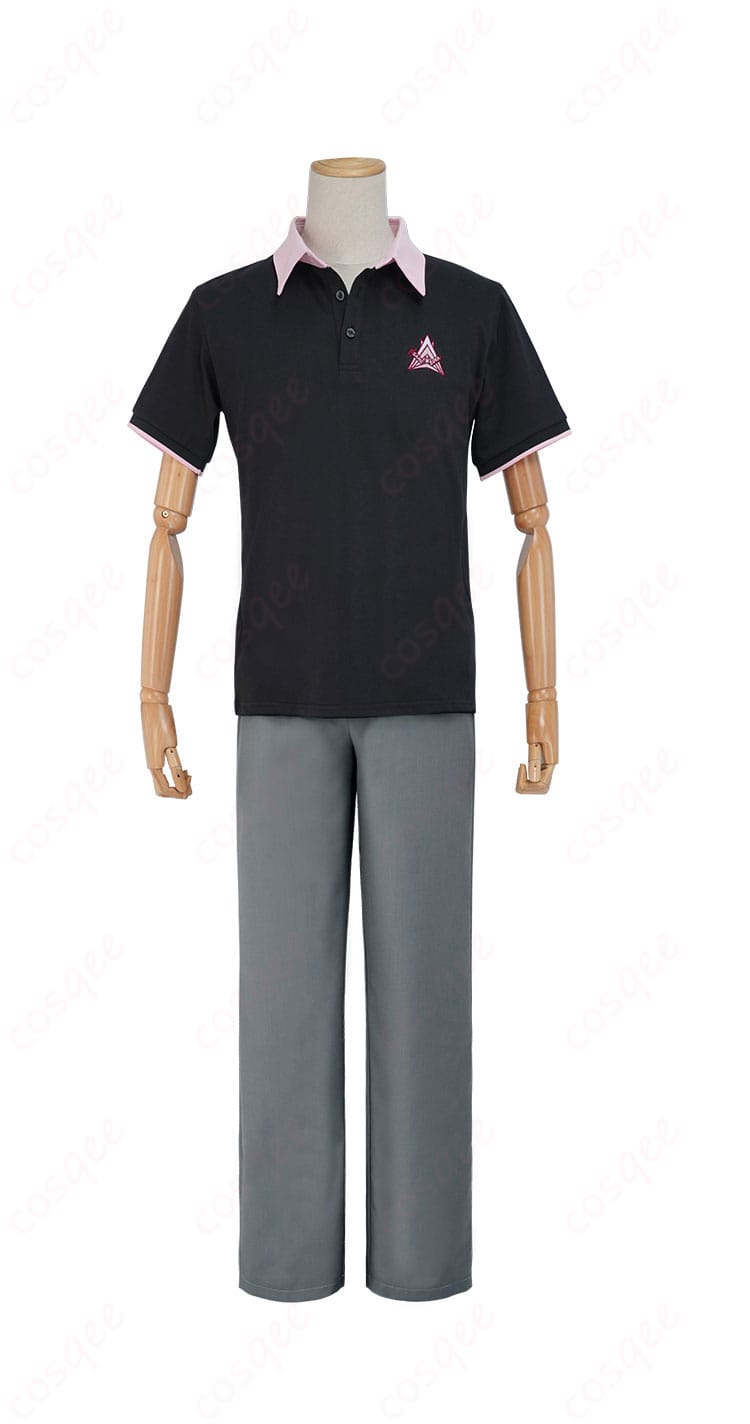 Free! 鮫柄学園夏男子制服コスプレ衣装 正面全身画像。御子柴清十郎、松岡凛、山崎宗介などのキャラクターが着用するデザイン。