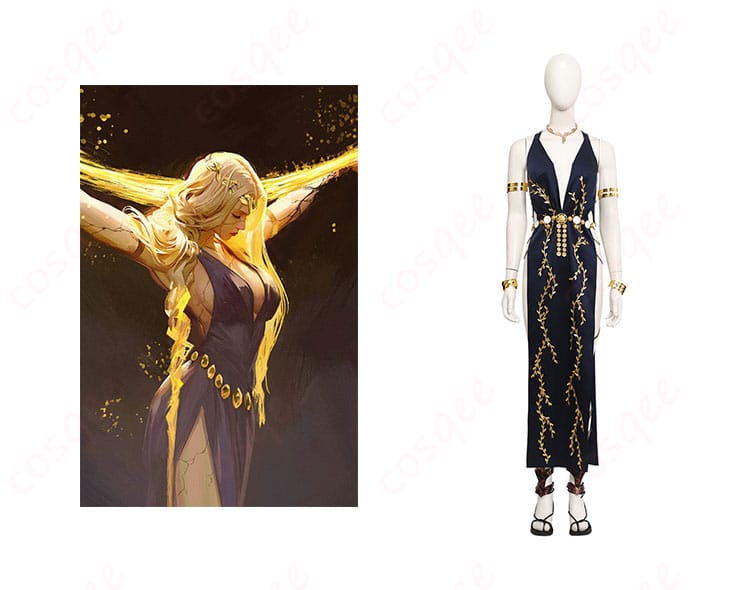 エルデンリング 永遠の女王マリカ コスプレ衣装の商品正面とキャラクターとのコラボ写真