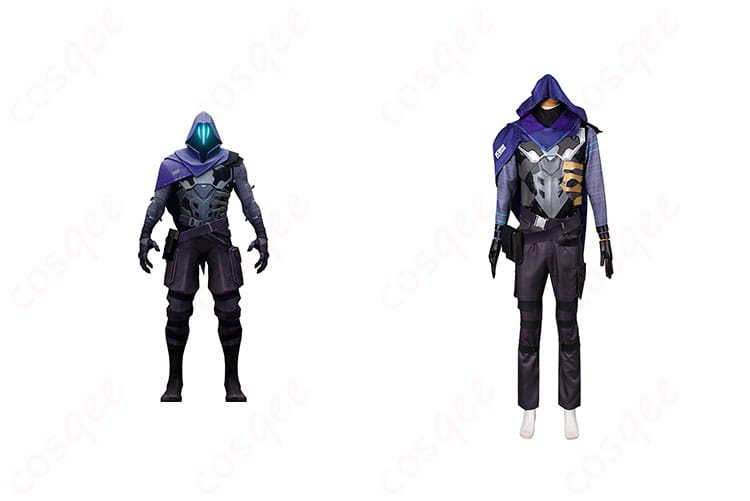 商品正面とキャラクターオーメンのコスプレ衣装が一緒に写った画像。VALORANT コスプレ衣装の魅力を紹介。