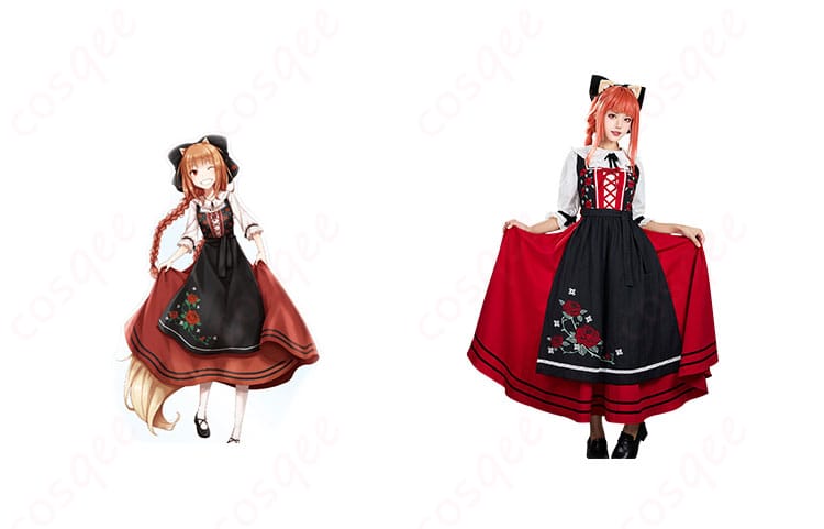 商品正面とキャラクターとのコスプレ衣装合わせ:ホロのアルザス民族衣装を着た正面の画像。