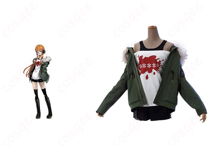 ペルソナ5 佐倉双葉 コスプレ衣装の正面とキャラクターが一緒に写った画像。アニメの雰囲気を忠実に再現。