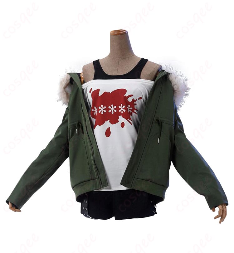 ペルソナ5 佐倉双葉のコスプレ衣装の前面図。コート、トップス、ショートパンツのディテールが鮮明に確認できます。