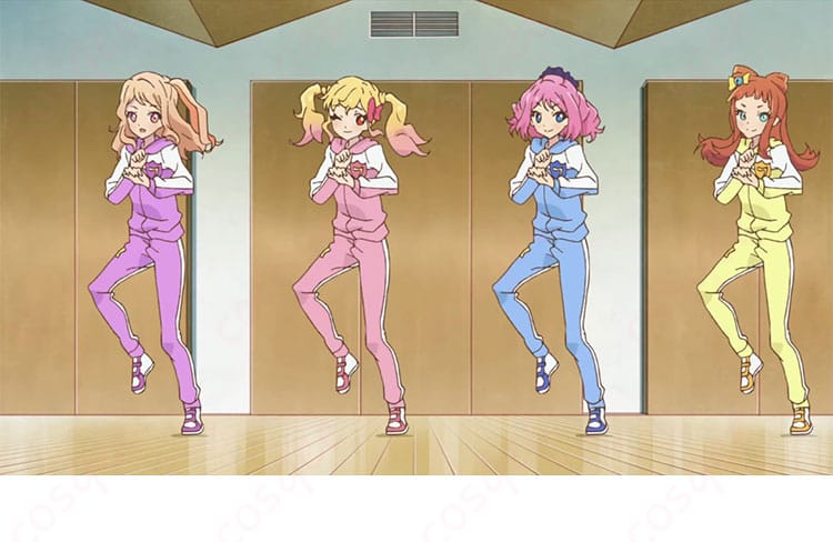 商品キャラクターのコスプレ衣装画像、アイカツ!スタイルの桜庭ローラ、七倉小春、虹野ゆめ、早乙女あこのコスプレ衣装