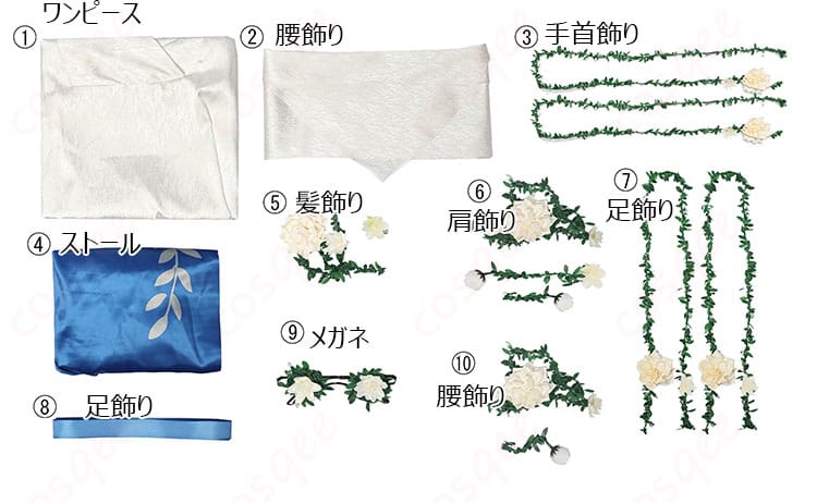 セット内容の写真。コスプレ衣装に含まれるアイテムが全て写った写真。