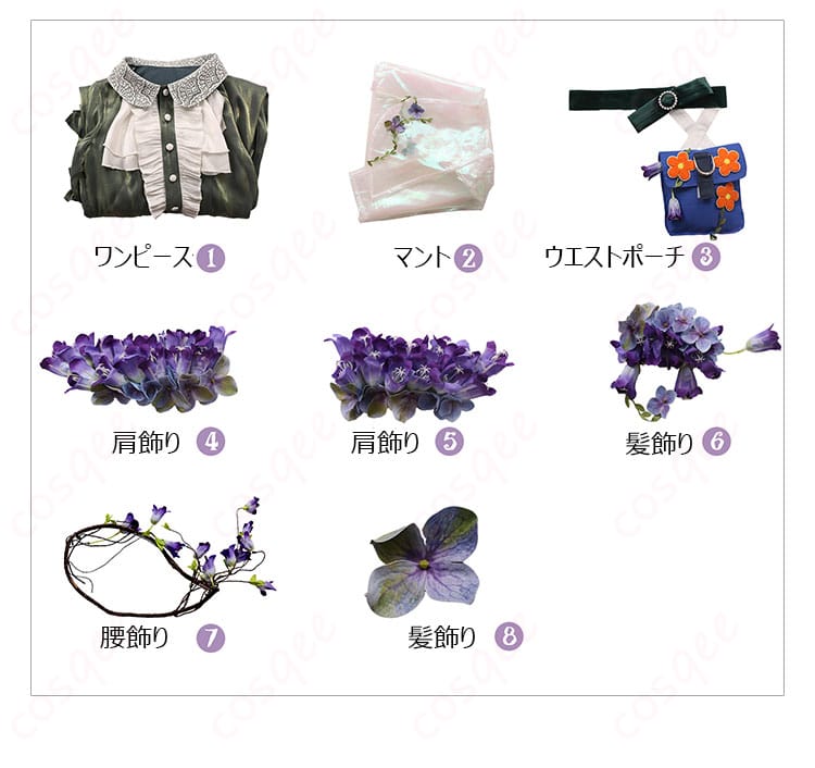 セット内容を展示した画像。ワンピース、マント、ウエストポーチなど、詳細なセット内容が見える。