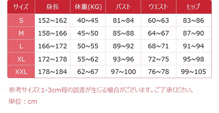 サイズと寸法に関するデータ画像。各サイズの詳細な対応表を確認できます。