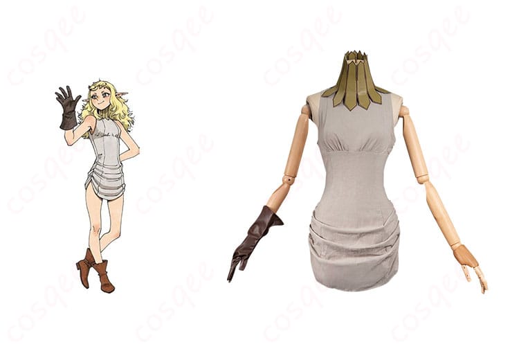 ダンジョン飯 フレキ コスプレ衣装 正面とキャラクターのコラボショット。高再現度で忠実に再現されたフレキの衣装。