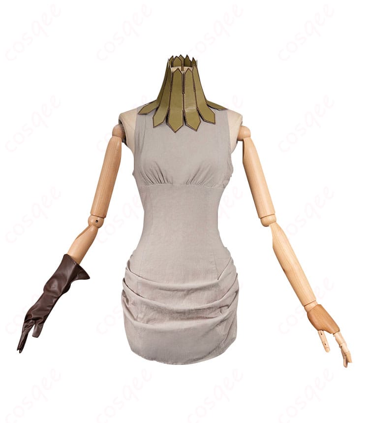 ダンジョン飯 フレキ コスプレ衣装 正面ビュー。ワンピースとエルフ耳が特徴的なデザイン。