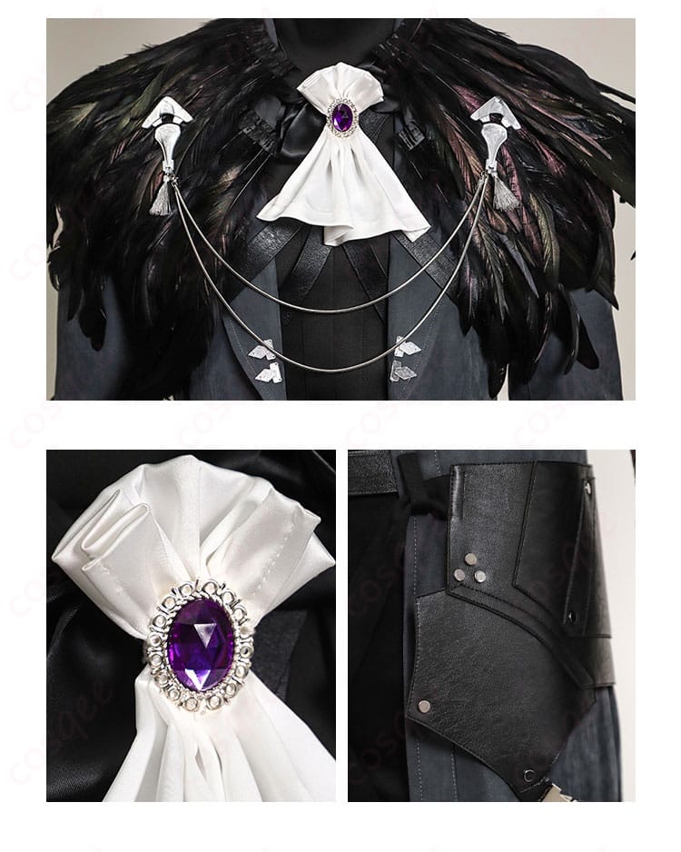 セフィロス ハロウィン コスプレ衣装の襟元、ネクタイ、ウエスト装飾の詳細。完璧なデザイン。