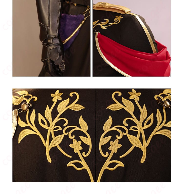 服装の花柄、手鎧、肩飾りのディテール - セフィロスのコスプレ衣装の花柄、手鎧、肩飾りの装飾をクローズアップ。