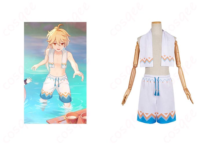 商品正面とキャラクター(空)のコスプレ衣装の組み合わせ画像 – 高い再現度の魔神任務の温泉衣装