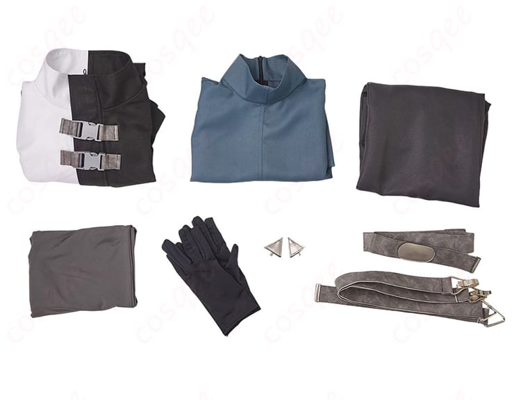 セット内容の展示図|亜白ミナ コスプレ衣装のセット内容|コート、インナー、スカートなどの全アイテム