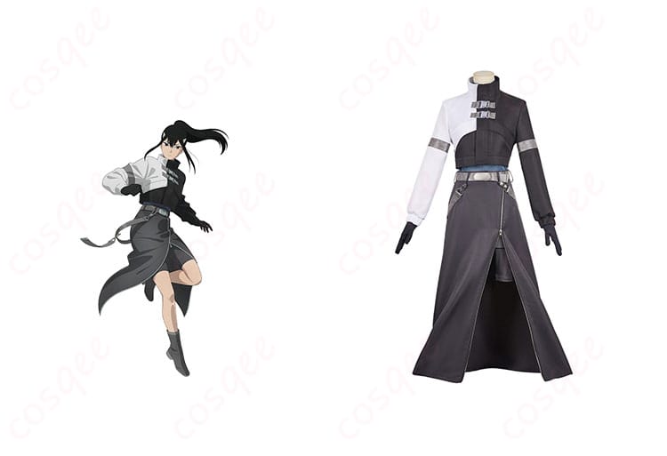 商品正面とキャラクター亜白ミナのコスプレ衣装を着た写真|怪獣8号 コスプレ衣装 第3部隊 隊長制服