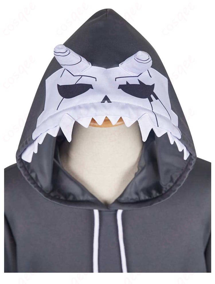 怪獣パーカーのフード部分の装飾細部。キャラクターの個性的なフードデザインを強調。