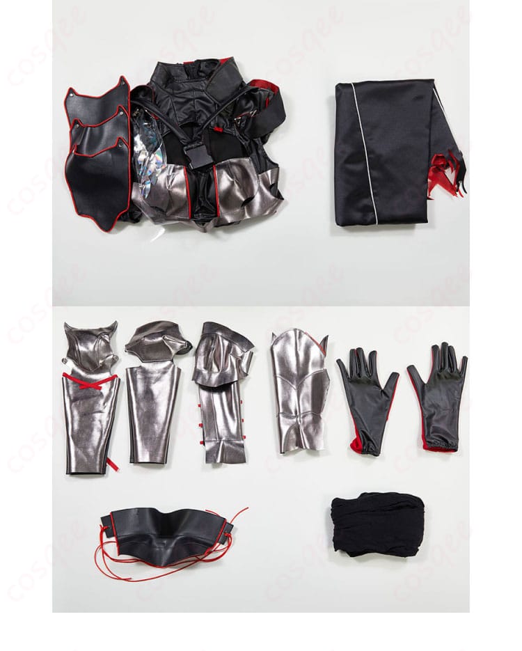 勝利の女神:NIKKE 紅蓮(ピルグリム) ブラックシャドウ コスプレ衣装 - セット内容の全てが分かる画像。衣装、装飾品、アクセサリーが全て揃ったセット。