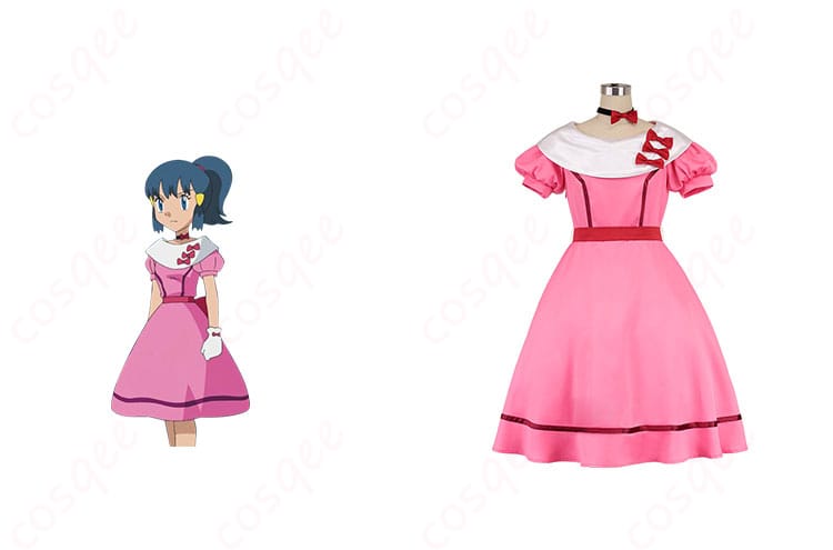 商品正面とキャラクターの組み合わせ画像 - ヒカリのポケモンコスプレ衣装、正面からのリアルな再現。コスプレイベントに最適なデザイン。