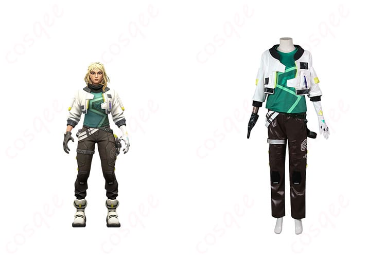 商品正面とキャラクターの組み合わせ画像 - VALORANTのデッドロックコスプレ衣装、キャラクターとコスチュームの高い再現性を確認。
