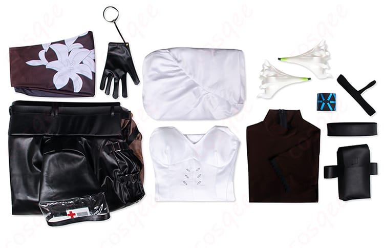 焰影リード コスプレ衣装 セット内容の展示画像。コート、トップス、スカートなどの全体像が確認できる。