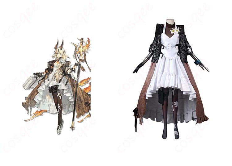 アークナイツ 焰影リード コスプレ衣装 正面とキャラクターの組み合わせ画像。ゲームキャラクターのリアルな再現。