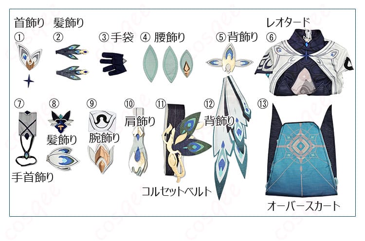 ヴィタのコスプレ衣装のセット内容、詳細なアイテムを一挙に確認できる画像。