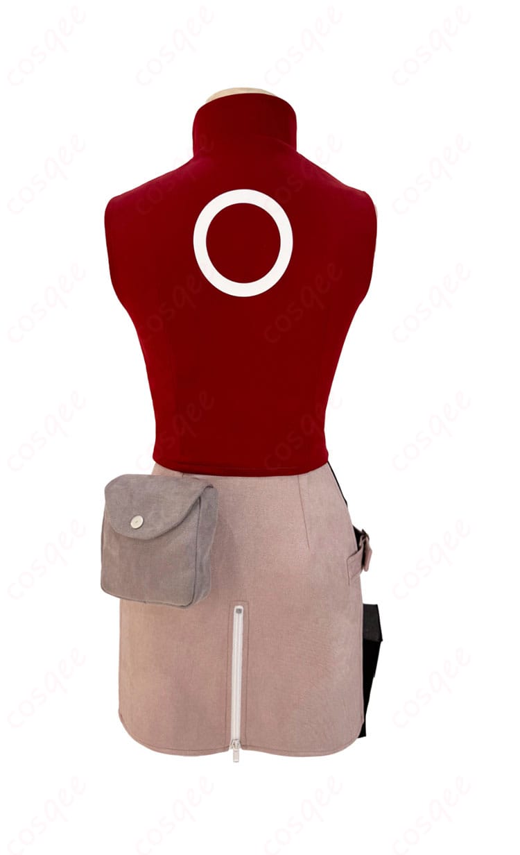 春野サクラ コスプレ衣装 背面図、ナルト 疾風伝のキャラクターの精密な再現。後ろ姿も完璧に再現されたコスプレ衣装。