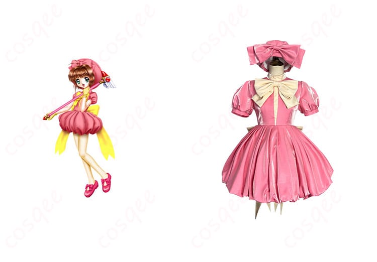 商品正面とキャラクターの組み合わせ画像 - カードキャプターさくら 木之本桜のバトルコスチュームコスプレ衣装、正面からの詳細再現。コスプレイベントに最適なデザイン。