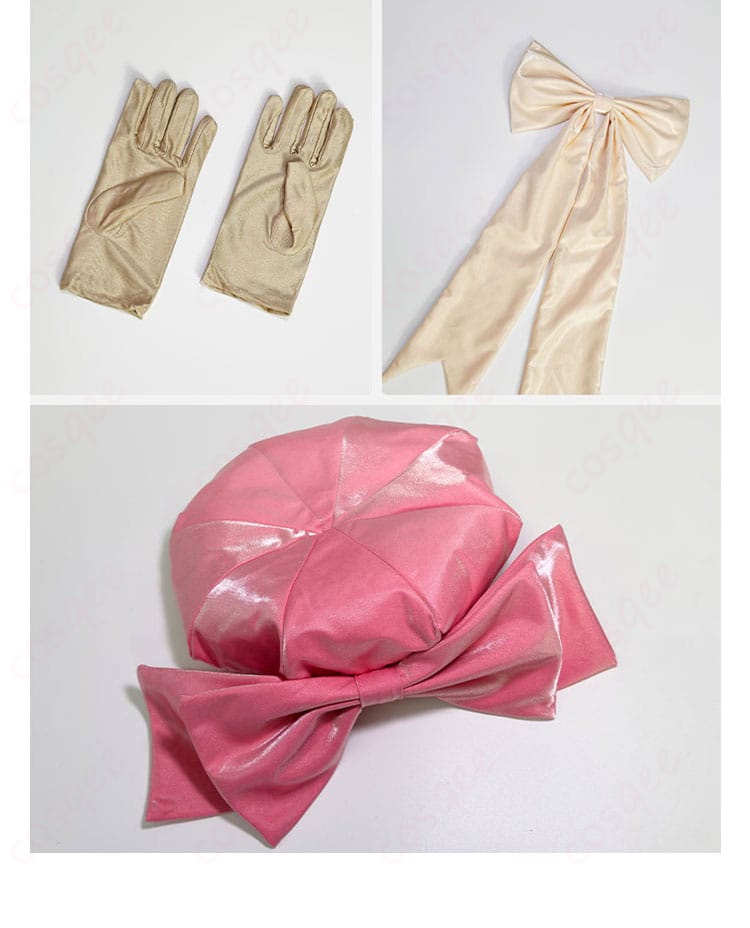 木之本桜のコスプレ衣装の手袋、アクセサリー、帽子のディテール。コスプレを完成させる必須アイテム。