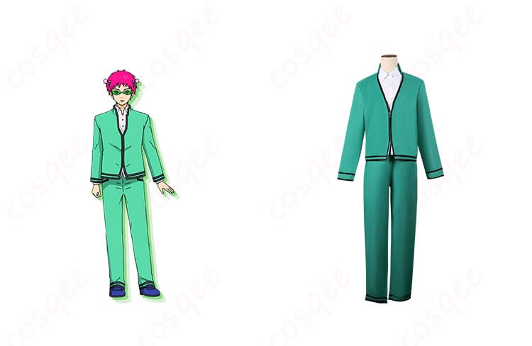 斉木楠雄 コスプレ衣装 正面とキャラクターの組み合わせ画像。アニメの主人公、斉木楠雄の高忠実再現コスプレ衣装。