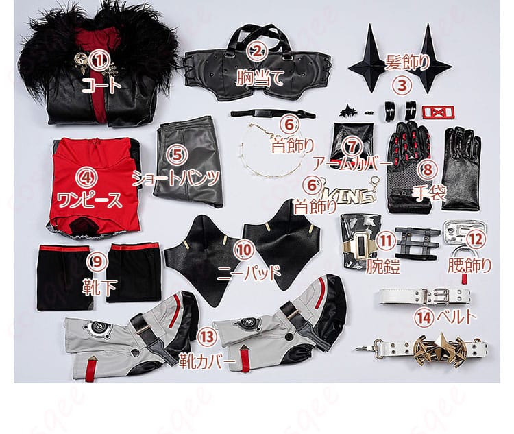 セット内容を展示した画像 - ゼンレスゾーンゼロ キング・シーザーコスプレ衣装のセット内容、全アイテムが映っている画像。