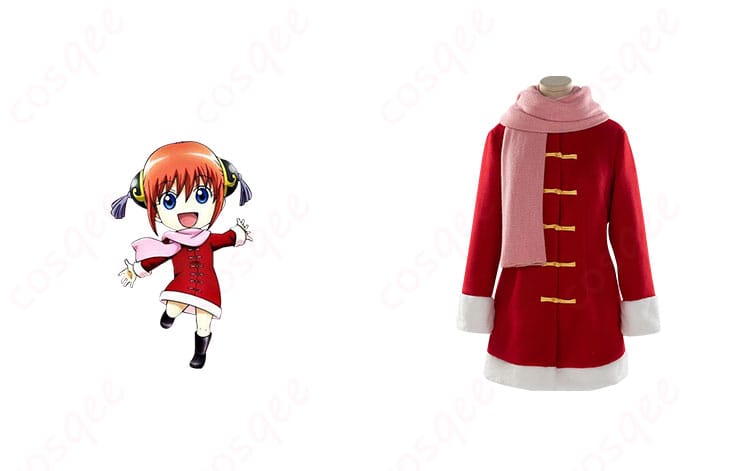 商品正面と神楽のキャラクターを合わせたコスプレ衣装の写真|銀魂 神楽 冬服 コスプレ衣装