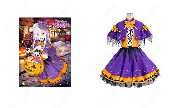 リゼロ エミリア コスプレ衣装 正面とキャラクターの結合写真|ハロウィンNight2024衣装、詳細なデザインが魅力!