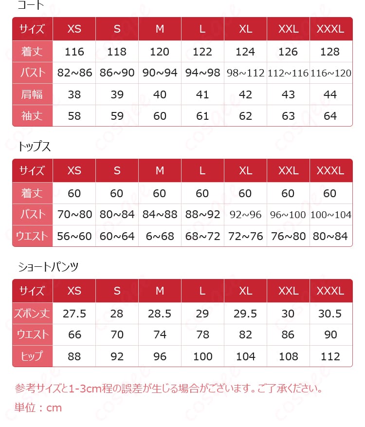 飛霄 コスプレ衣装のサイズと寸法の対応表