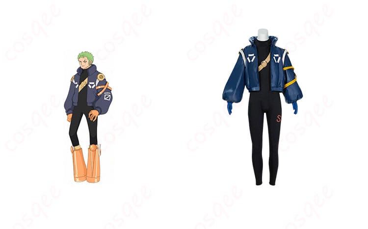 商品正面とロロノア・ゾロのキャラクターを組み合わせたコスプレ衣装の画像。忠実再現されたONE PIECEのゾロ衣装。