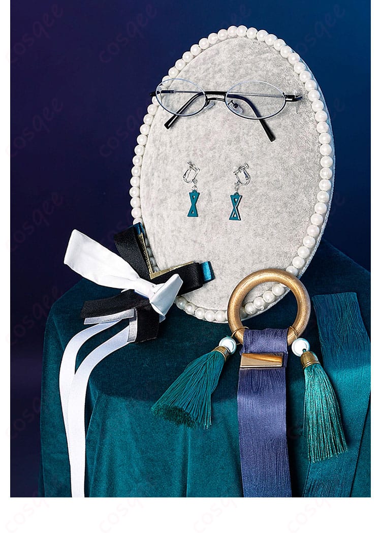 眼鏡、耳飾り、リボンヘアアクセサリーの詳細、月城柳のコスプレ衣装