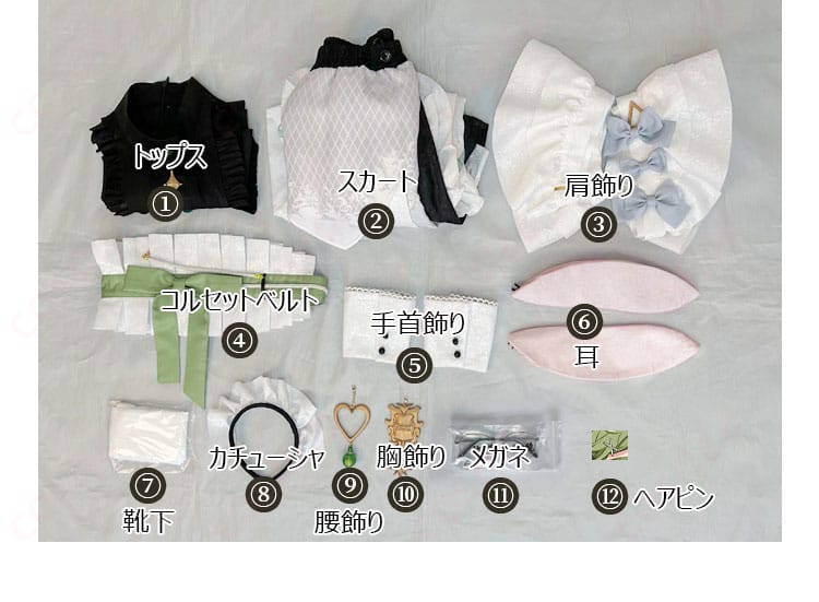 セット内容を示す画像 - オリビンのコスプレ衣装セット内容の全体写真