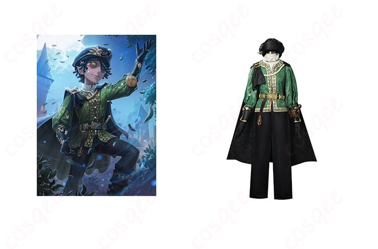 商品正面とキャラクター(エミール)のコスプレ衣装の全体像。ゲーム『第五人格』の患者エミールのロミオ版衣装。