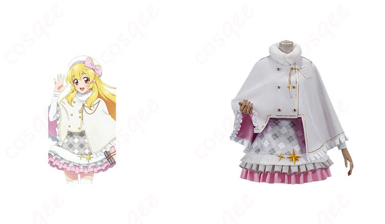 アイカツ! 星宮いちご コスプレ衣装 ホワイトポンチョの正面とキャラクターの画像。コスプレ衣装の詳細なデザインがわかる一枚。