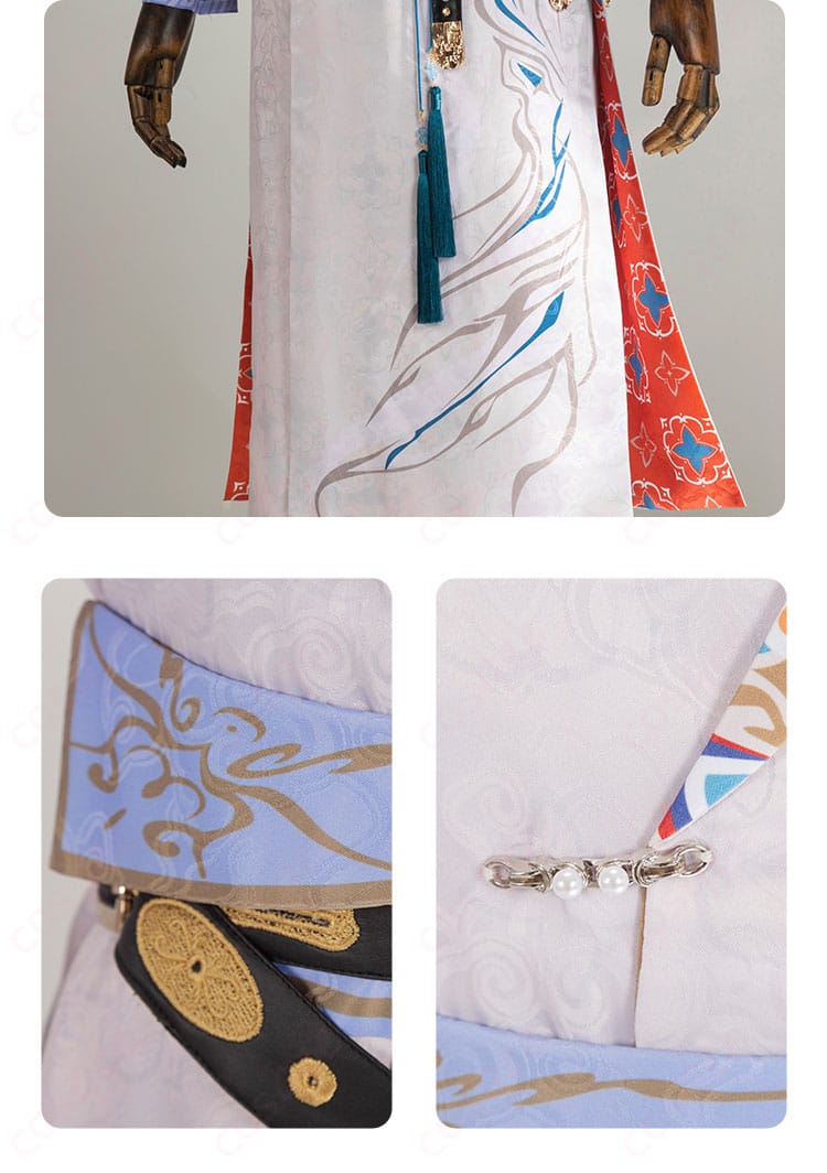 衣襟と腰間装飾の細部。コスプレ衣装「セイヤ」の華やかなディテールに注目。