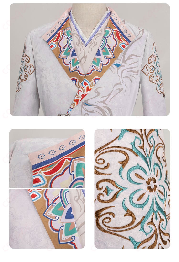 服の襟、衣袖、装飾の詳細画像。「セイヤ」コスプレ衣装の細部までこだわったデザイン。