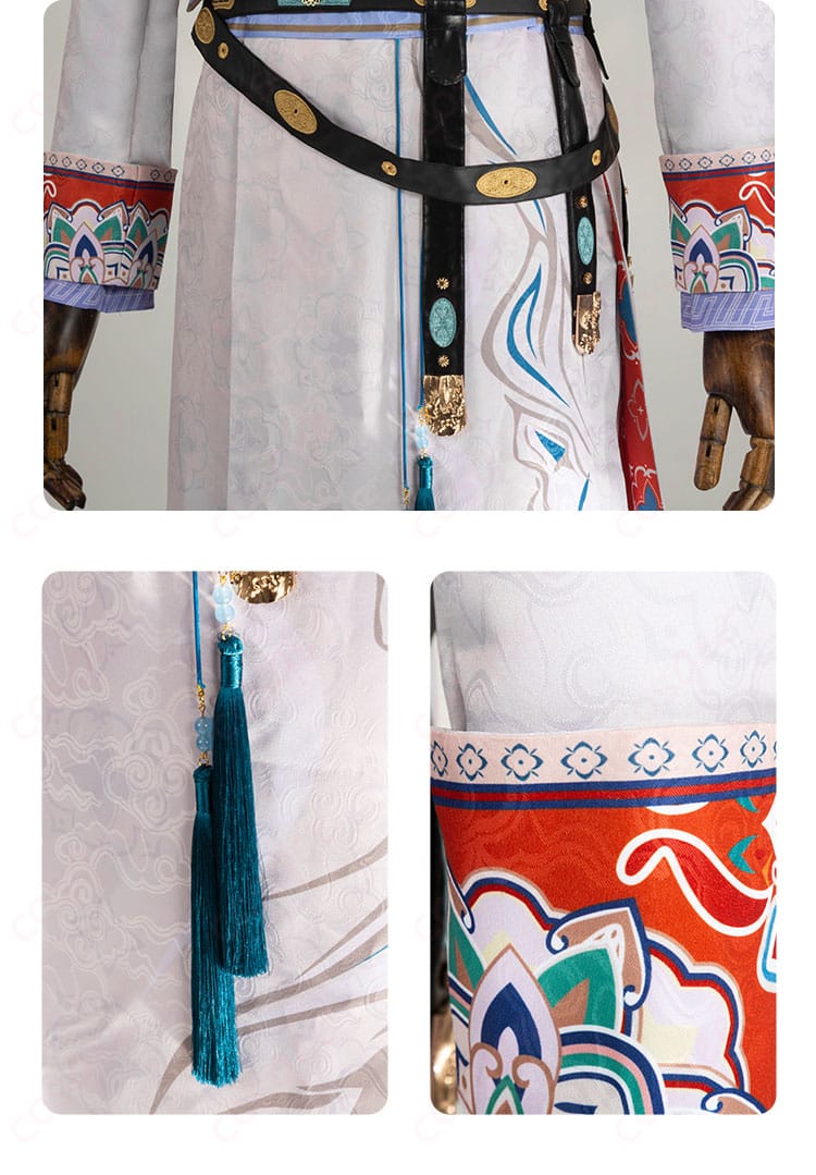 腰飾りと袖口の装飾に焦点を当てた詳細画像。コスプレ衣装の美しいディテール。