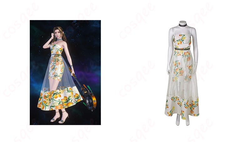 ファイナルファンタジーVII エアリス・ゲインズブール シトラスドレス コスプレ衣装 正面とキャラクターのコラボ画像。高再現度のデザインで、エアリスの美しさを引き立てる衣装。