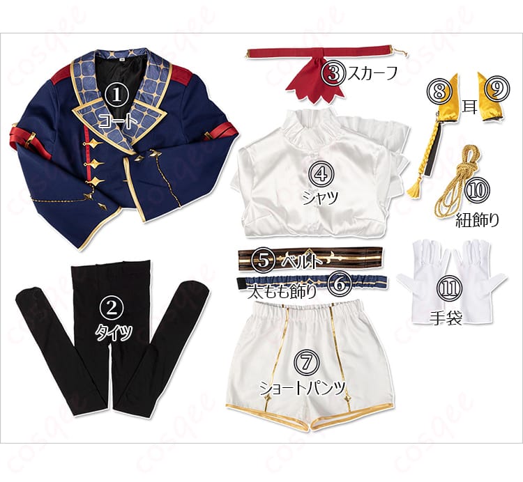 セット内容の展示画像。コスプレ衣装のアイテム内容を紹介。