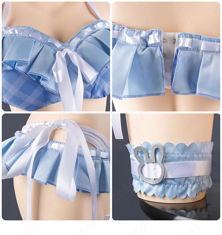 服装内衣部分と腿部装飾の詳細。完璧なフィット感と魅力的なデザイン。