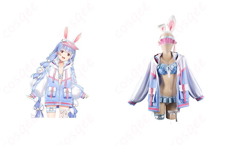 兎田ぺこらの2024水着新衣装コスプレ衣装とキャラクターの正面の組み合わせ画像。ホロライブの人気キャラクターのリアルな再現。