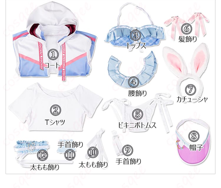 コスプレ衣装のセット内容を一挙に紹介する画像。すべてのアクセサリーと衣装が含まれています。
