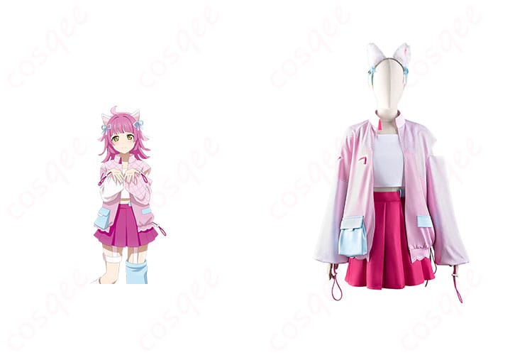 天王寺璃奈のコスプレ衣装の正面とキャラクター画像。ラブライブ!虹ヶ咲学園スクールアイドル同好会のデザインが忠実に再現されています。