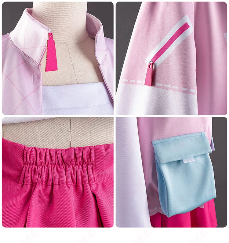 衣装の襟、袖、スカートの裾、ポケットの装飾ディテール。ファッション性の高いデザインが確認できます。