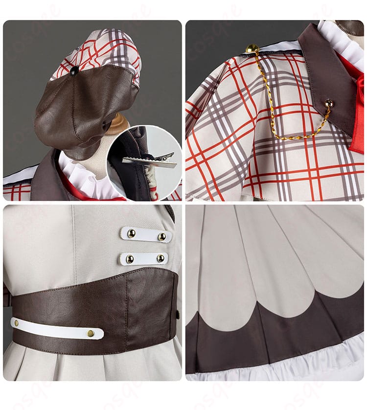 帽子、衣肩、腰、スカートの装飾ディテール。コスプレ衣装の細部までこだわったデザイン。