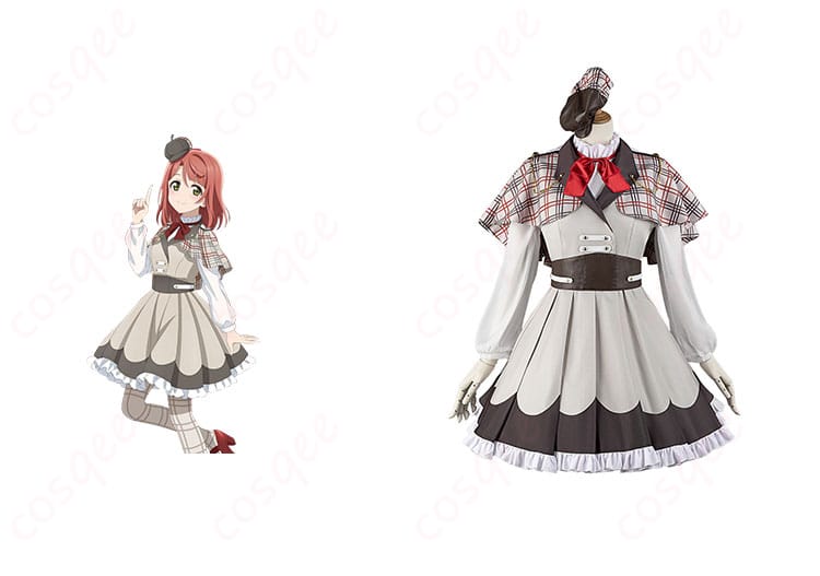 商品正面と上原歩夢キャラクターのコスプレ衣装。リアルなデザインと忠実再現で、ラブライブ!ファン必見!