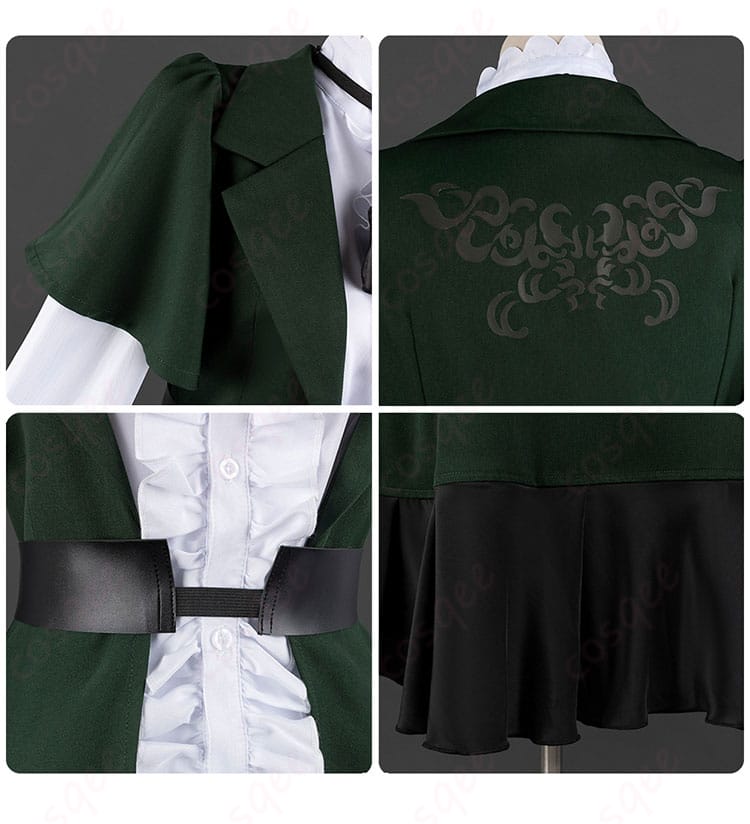 衣肩、背面、腰封、スカートの装飾の細部画像。三船栞子の衣装の美しいデザインを細部までチェックできます。